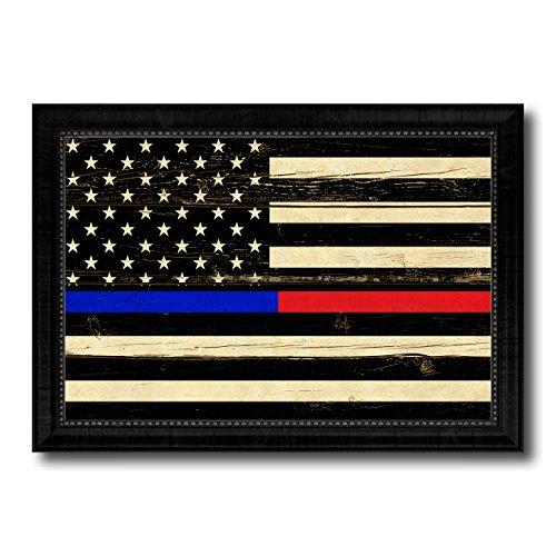 SpotColorArt Thin Blue Line Police & Thin Red Line Firefighter Respect & Honor Law Enforcement First Responder American USA Vintage Flag Canvas Print Home Decor Wall Art Gifts, Black Frame, 21"x30"