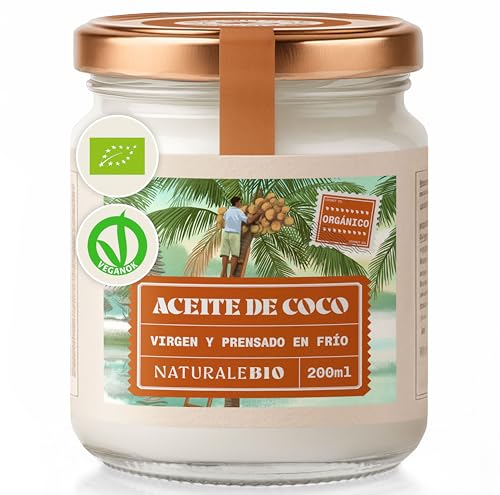 NaturaleBio Aceite de Coco Ecológico Virgen 200 ml. Crudo y prensado en frío. Orgánico y Natural. Aceite Bio nativo no refinado. País de origen Sri Lanka.