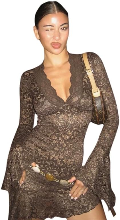 AIBEARTY Women's Sexy Sheer Mesh Lace Bodycon Dress Flared Long Sleeve V Neck Mini Dress Party Club Evening Dresses - Image 4