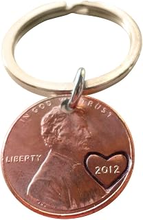 2012 Penny Keychain With Heart Around Year; Engraved Couples Keychain, 13 Year Anniversary