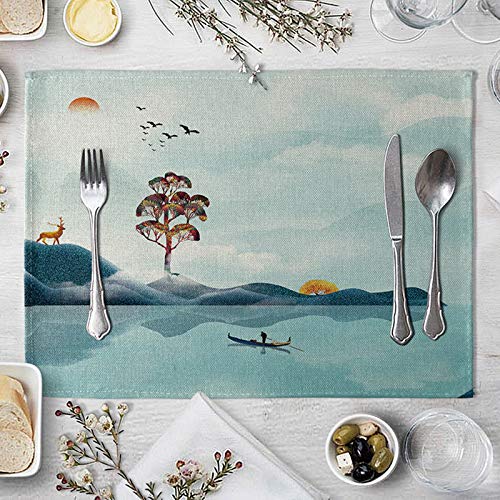 Beydodo Juego de 4 manteles individuales de lino de algodón para mesa de comedor de 30,4 x 40,6 cm, diseño de alce y río