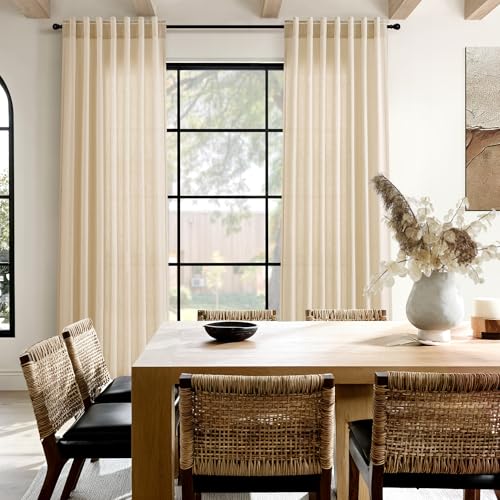 Image of Tan Linen Curtains 96 Inches Long for Living Room Rod Back Tab Vintage Rustic Farmhouse Light Filtering Curtain Burlap Textured Linen Drapes 96 Inch Dinning Room Bedroom 52x96 8FT,2 Panels