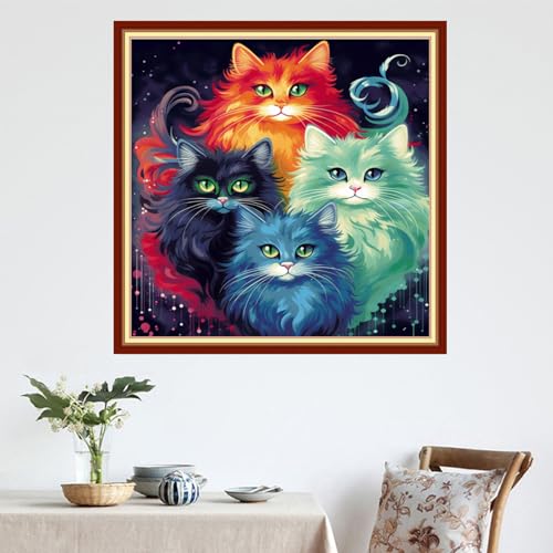 Image of DMCVIVR Stamped Cross Stitch Kits for Adults Beginners Embroidery Kits 11CT Needlepoint Kits Cross Stitch Patterns Embroidery Patterns&Colorful Cat 18x18 inch
