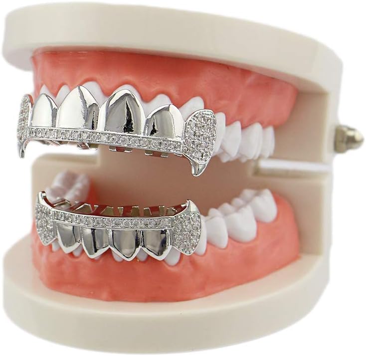 OOCC 18K Gold Plated Hip Hop Teeth Grillz Caps Iced Out CZ Top and Bottom Vampire Fangs Grillz with Diamonds for Your Teeth