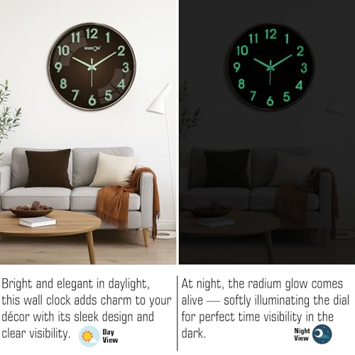 Image of RANDOM Modern 12.75INCH Wall Clock with 3D Radium Numbers, Silent Non-Ticking, Premium Copper Frame, Ultra Clear Glass for Living Room, Home Office