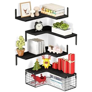 4+1 Floating Corner Shelves with Wire Storage Basket, Corner Wall Shelves Rustic Wood for Bathroom, Kitchen, Bedroom, Living Room, Office, Corner Shelf Wall Mounted Black