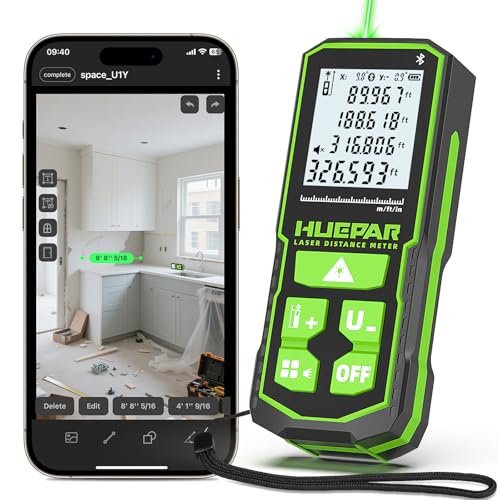 Huepar 330Ft Green Laser Measurement Tool with APP Control, Rechargeable Bluetooth Distance Meter ±1/16' High Accuracy, Angle Sensor, Multiple Modes, IP54 Waterproof Durable for Home & Construction