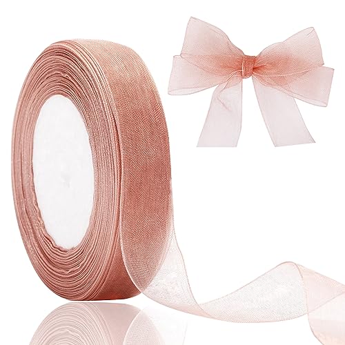 Joycraft 3/4 inch Rose Gold Sheer Organza Ribbon 50Yds Chiffon Ribbon Flower Bouquet Tulle Ribbon Gift Wrapping Ribbons for Wedding Baby Shower Birthday Holidays Anniversary Decorations Crafts