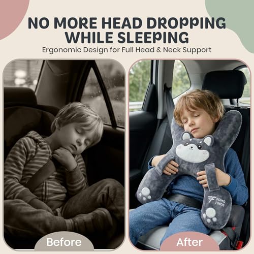 Image of Kids Car Sleeping Pillow, H-Shaped for Neck & Back Support, Grey Dog | Hands & Seat Belt Slot, Machine Washable & Compressible, Perfect for Car, Plane, Train, Boat & More