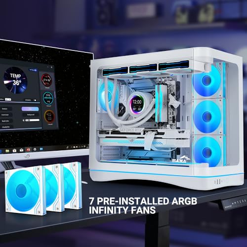 Image of SAMA V62 ATX PC Case, 7 Infinity Mirror ARGB PWM Fans with Fan Hub, Curved Tempered Glass Panoramic Mid Tower, Reverse Blade Fans, Type-C, 360mm Radiator Support Gaming Case (White)