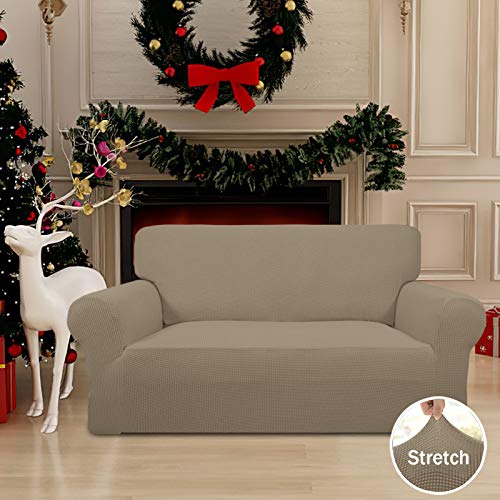 Image of Easy-Going Stretch Loveseat Slipcover 1-Piece Sofa Cover Furniture Protector Couch Soft with Elastic Bottom for Kids Polyester Spandex Jacquard Fabric Small Checks (Loveseat, Natural)