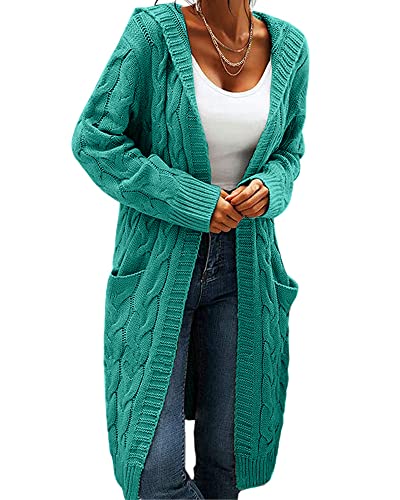 Image of Women Hooded Open Front Cardigan Cable Knit Chunky Long Sweater Coats | solid color, cable knit ,long duster cardigan,chunky coatigan,winter ,falll ,side pockets