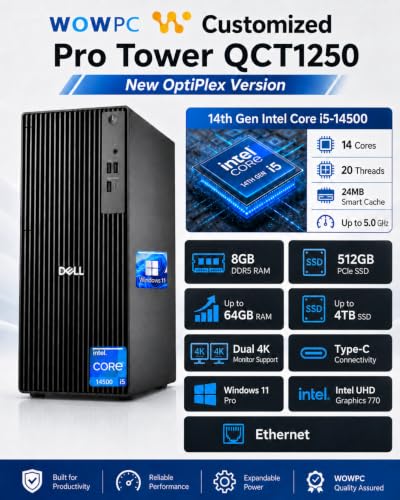 Image of Customized Dell Pro Tower QCT1250 Business Desktop Computer, New OptiPlex Version-14th Gen Core i5-14500, 8GB DDR5, 512GB SSD, Up to 64GB RAM 4TB SSD, Dual 4K Monitor Support, Type-C, Win11 Pro