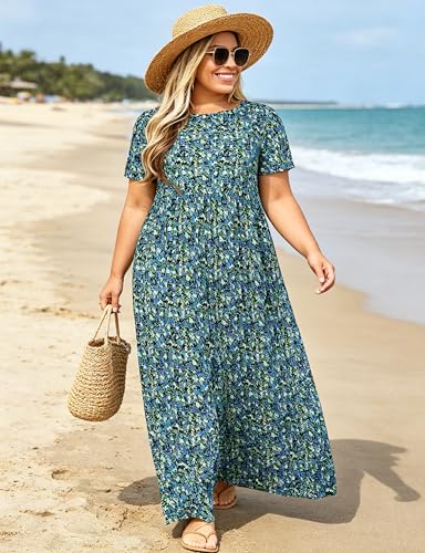 Image of Kancystore Women's Plus Size Maxi Dress with Pockets Summer Dresses XL-5X | Plus Size High Waisted Long Length Beach Dress, Empire Waist Round Neck Casual Dress, Solid Striped Floral Tie Dye Colors