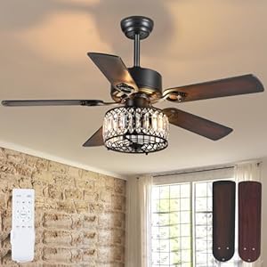 Chandelier Ceiling Fans with Lights, Crystal Ceiling Fan with Remote, 48 Inch Farmhouse Fandelier Ceiling Fan for Living Room Dining Room Bedroom, Dual Finish Wooden Blades, Black