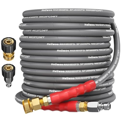 Heliwoo 3/8 Pressure Washer Hose 50 FT Hot and Cold Water Power Washer Hose Max 248F Commercial Industrial Grade Steel Wire Braided Kink Proof Extension Hose with 3/8 Quick Connect 4800 PSI