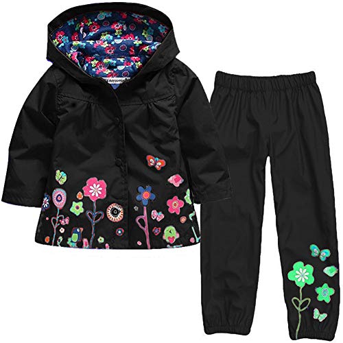 Baotung Ensemble de vêtements 2 pièces pour enfants et filles - Imperméable - Avec capuche et motif floral - Pantalon de pluie, Noir , 6 ans Cover