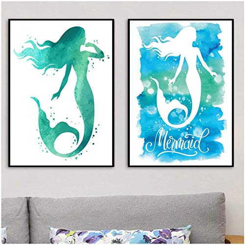 Affiche sirène aquarelle pour chambre d'enfant | Toile murale 50x70cm sans cadre