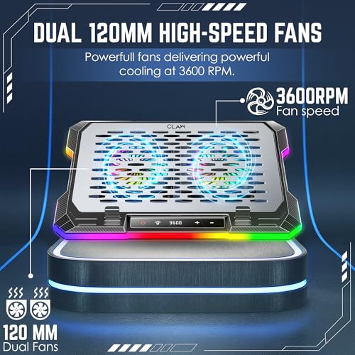 Image of CLAW Wind Pro K6 Laptop Cooling Pad with Display & 2x120mm Magnetic Removable Fans, 3600RPM Cooling, 8-Level Adjustable Height, 10 RGB Modes, USB & Type-C Ports, Metal+ABS Build, 10-19 inch Laptops