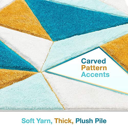 Image of Polyester Modern Geometric 3D Textured Thick And Soft Shag Carpet 6X6 Square Area Rug (Turquoise /Mustard Yellow /White Colour)