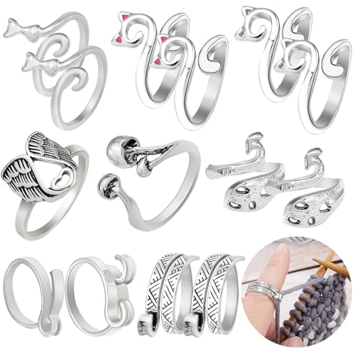 RechicGu 14 Pcs Crochet Knitting Ring Set Adjustable Crochet Tension Ring,Fingers Yarn Guide Knitting Ring for Women Mother Grandma Gift Mushroom Set