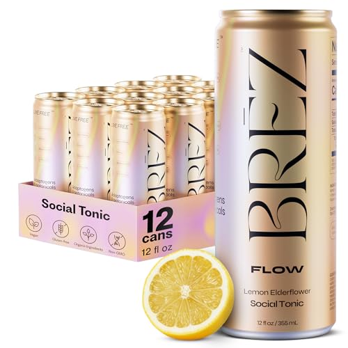 BRZ FLOW Alcohol Alternative Drink Non Alcoholic Sparkling Drink with Lions Mane Mushroom Lemon Elderflower Adaptogen Beverage for Mood & Focus Alcohol Alternatives with a Buzz 12 Pk 12 Fl Oz
