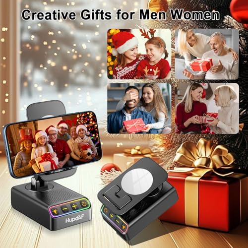 Image of Adjustable Cell Phone Stand with Wireless Induction Bluetooth Speaker, HD Surround Sound & RGB Rhythm Lights, Foldable Portable Stand for Desk, Kitchen Counter, Home Office, Gift for Men Women Dad Mom