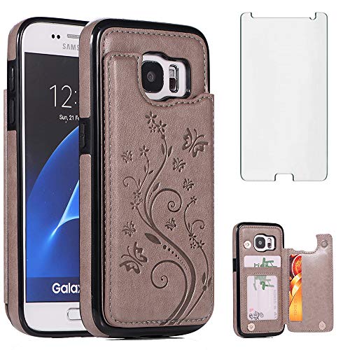 Phone Case for Samsung Galaxy S7 with Tempered Glass Screen Protector Card Holder Wallet Cover Stand Flip Leather Cell Accessories Glaxay S 7 Galaxies 7s Gaxaly GS7 SM-G930V G930A Cases Women Gray