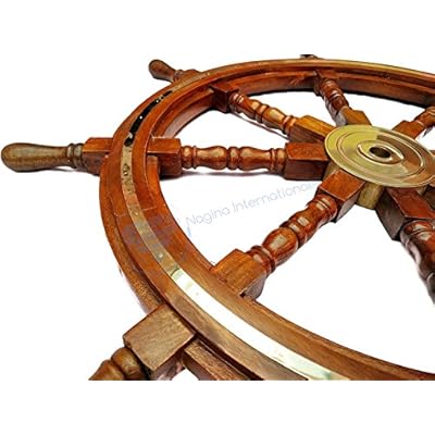 Nagina International Wooden Nautical Captain's Steering Ship Wheel With Brass Ring & Hub - Pirate Home Ocean Beach Decor… 51FjeCF004L. SS400