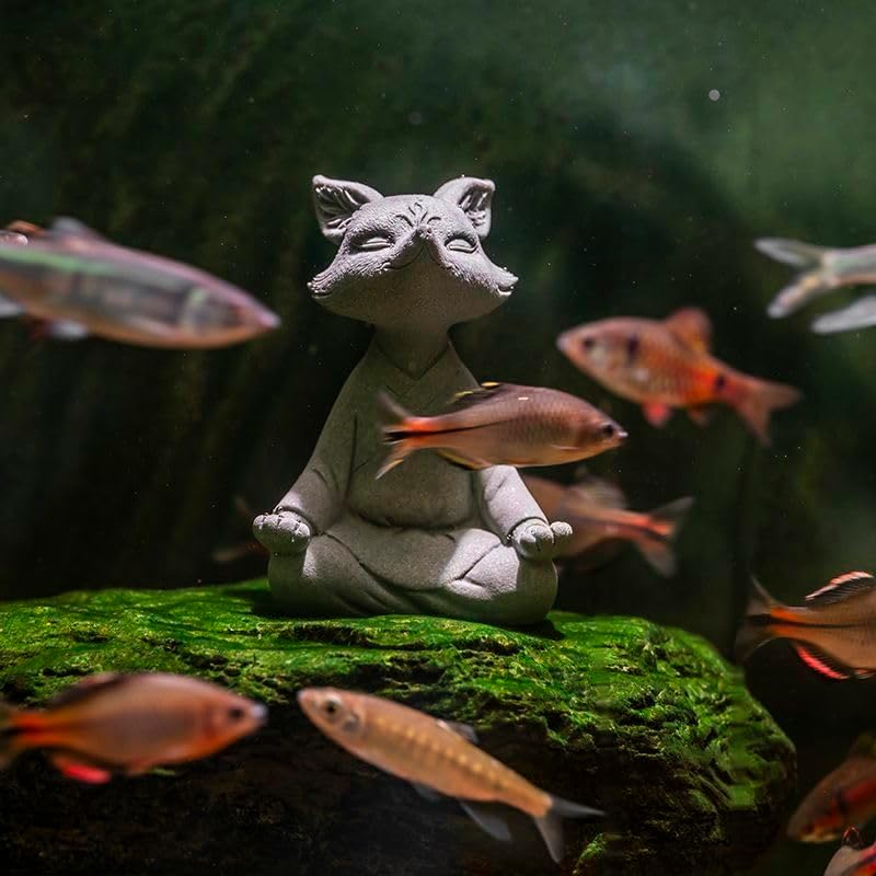 Miniatura 4 de livelyfish Estatua de zorro de Buda meditando, acuario, estatua zen, figuras de animales, escultura de piedra arenisca para pecera, jardín,