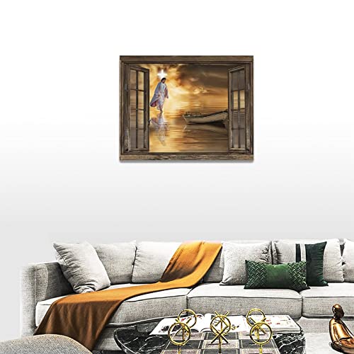 Jesus Decor Canvas Wall Art, Abstract Christ Cross Artwork Portrait Poster God Walking On Water Inspirational Painting Modern Home Decorations Framed Ready Hang For Living Room Bedroom Office12X16Inch #TOP3