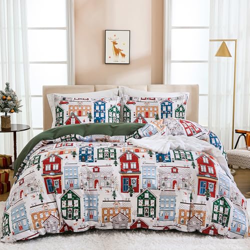 WONGS BEDDING Weihnachts Bettwäsche 135x200cm Weihnachtsmann Weihnachts Häuschen Bettbezug Schneeflocken Rentier Bettwäsche Weihnachts bäume und Schneemänner mit Reißverschluss und 1 Kissenbezug 80x80