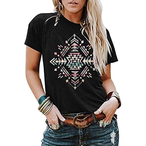 SUPEYA Aztec Shirts for Women Funny Geometric T-Shirt Retro Western Tee Shirt Casual Short Sleeve Ethnic Tops Cover