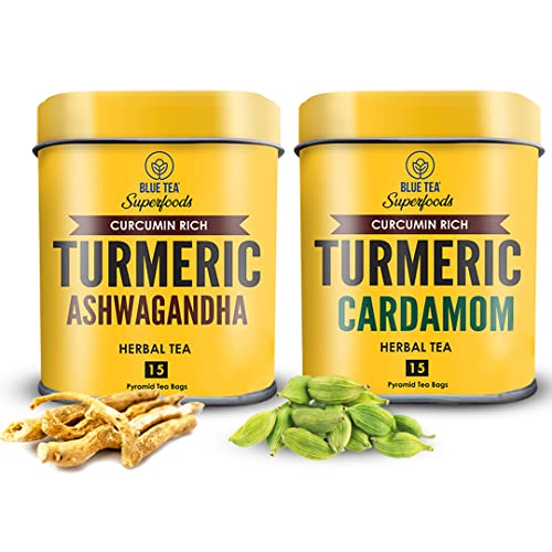 Blue Tea Turmeric Ashwagandha Tea + Turmeric Cardamom Tea || Combo Pack || 18 Pyramid Shaped Eco-Conscious Teabags - Vegan - Non-Gmo - Caffeine-Free – Eco-Conscious Premium Tin Packs #TOP28