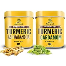 BLUE TEA Turmeric Ashwagandha Tea + Turmeric Cardamom Tea || COMBO PACK || 18 Pyramid Shaped Eco-conscious Teabags - Vegan - Non-GMO - Caffeine-free Eco-Conscious Premium Tin packs