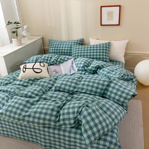 Image of VM VOUGEMARKET Green Gingham Duvet Cover Set Queen Size | Blue Green Plaid Duvet Cover with Zipper Ties, 2 Pillowcases, 100% Washed Cotton, Luxury Soft Breathable Durable