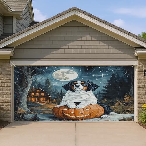 Cubierta de puerta de garaje para perro de Halloween, calabaza espeluznante y noche iluminada por la luna, decoración de puerta de garaje grande, decoración de fondo de fiesta para interiores y