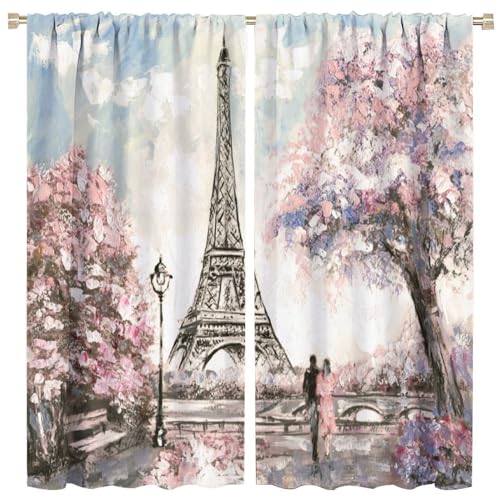 LOMADIA Eiffel Tower Blackout Curtain, Oil Painting Style Decor, City Landscape Pink Paris Tower Couple Pattern Window Treatments 2 Panels Drapes for Bedroom Living Room Kitchen Decor 84x84in