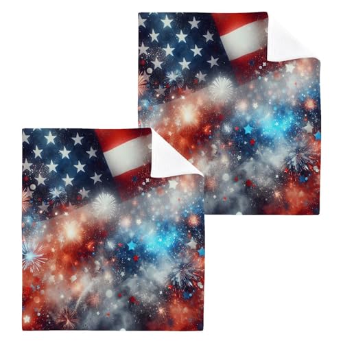 YANENDIE Independence Day Washcloths Towels, Highly Absorbent and Soft Cotton Face Cloths, 2 Pack Quick Dry Wash Cloths - 12 X 12 Inches