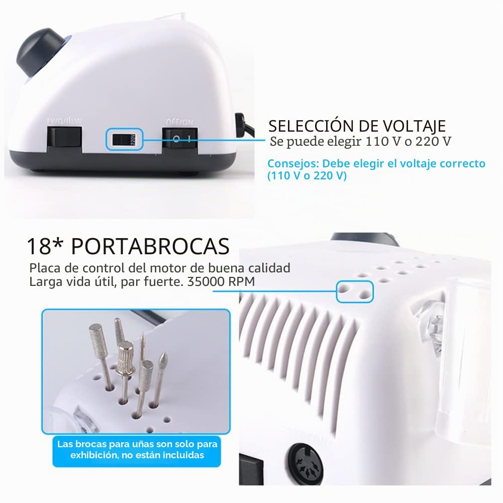 Kyaoayo Fresa de uñas eléctrica, 40.000 rpm, taladro de uñas profesional, lima de uñas eléctrica, juego de manicura, con seis estilos diferentes de cabezal de lijado, incluido, para diseño de uñas