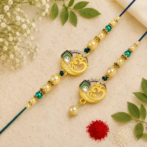 Image of Riddhika Ventures Glorious Gold Plated Religious Diamond Ring Rakhi || Traditional Rakhi Set of 2 & Festive Gift || Rakhi Gift Combo for Bhaiya Bhabhi