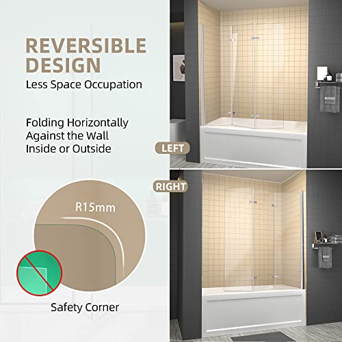 Getpro Bathtub Shower Door Frameless Foldable Hinged Tub Shower Door With Tempered Glass Polished Chrome Size 51.2" W X 59" H #TOP2