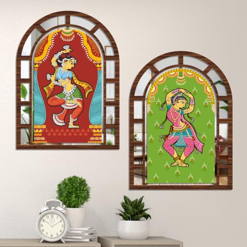 Image of Artvibes Indian Dancer Decorative Wall Hanging | Ethnic Jharokha Mirror Wall Hanging for Living Room, Hall, Bedroom, Lobby, Dining Area & Entrance | Gift (WHJ 12041N), Set of 2