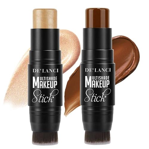 Contour Highlighter Makeup Stick, DE’LANCI 2 PCS Cream Contour Highlighter Sticks with Brush, New Updated Moisturize Highlighter and Bronzer Stick, Face Contour Concealer Makeup For Girls Beginners#1