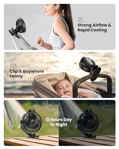 Koonie-Portable-Clip-On-Fan-Small-USB-Fan-Battery-Operated-3-Speed-Rechargeable-Mini-Fan-With-LED-Display-360-Rotate-Personal-Cooling-Desk-Fan-for-Stroller-Travel-Camping-Golf-Gym