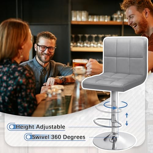 Image of Homall Bar Stools Modern Velvet Adjustable Swivel Barstools, Armless Hydraulic Kitchen Counter Bar Stool Extra Height Square Island Barstool with Back Set of 2 (Velvet, Gray)