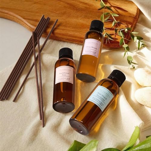 Image of COCORRINA Reed Diffuser Refill Set, 10.2oz Scented Oil Refill 3 Pack, Sandalwood Rose, Cherry Blossom, Wild Mint & Eucalyptus, Long Lasting Oil Diffuser Refill with18 Sticks for Bathroom & Bedroom