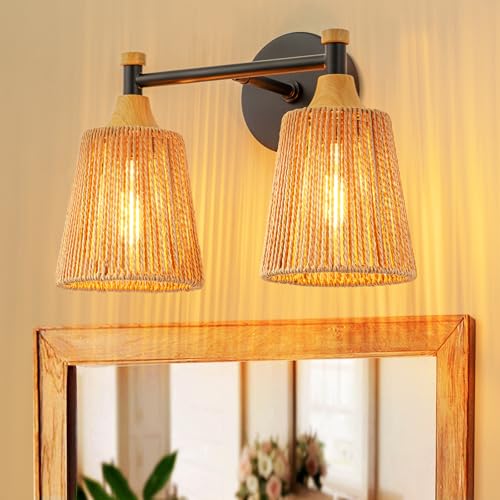 Image of 2-Light Boho Vanity Light Fixtures, Farmhouse Bathroom Light Fixtures Over Mirror, Rustic Rattan Vanity Lighting with Hand-Woven Lampshade for Bedroom Living Room Bathroom Restroom Hallway