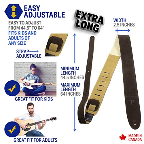 P Perri's Leathers Guitar Strap, 2.5” Wide Soft Suede, Super Soft Sheepskin Fur Pad, Adjustable Length, (Dl325S-201-Xl) Brown , Made In Canada #TOP1