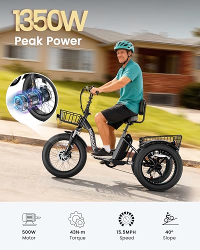 Image of MOONCOOL Electric Tricycle for Adults, 20 inch x 4 inch Fat Tire Electric Trike, 48V 500W 3 Wheel Electric Bike, 7 Speed E Trikes for Adults with Removable Battery, Aluminum Frame & Large Basket